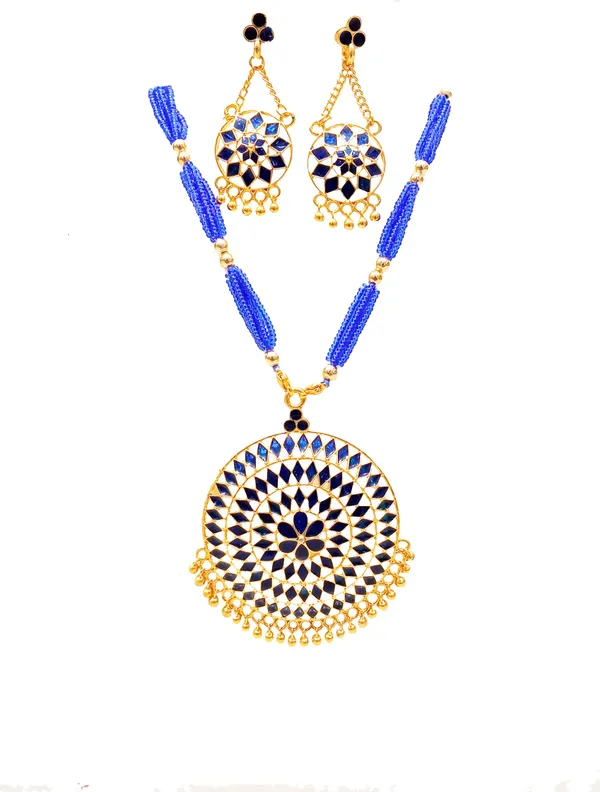 Assamese_Traditional_Gold_Plated_Blue_Colour_Japi_Tassel_Jewellery_Set_For_Women_&_Girl